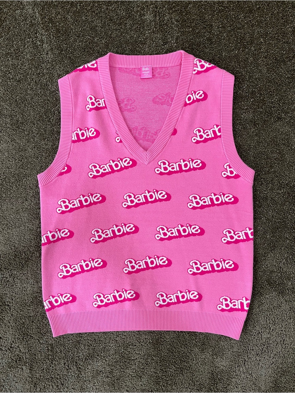 Barbie x Cakeworthy Pink Knit Sleeveless Logo Sweater Vest M NWOT